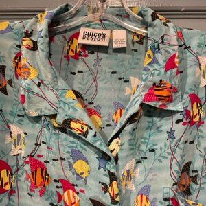 Chico's vintage vibrant short slv. blouse with fish, size 12, good condition